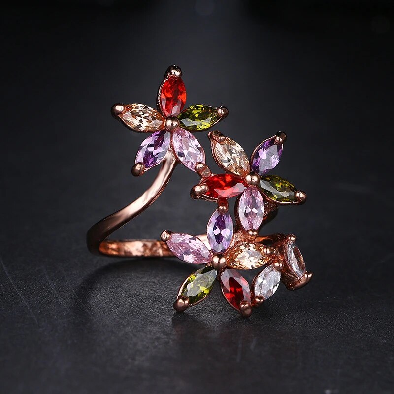 Petal Ring with Multicoloured Zirconia in Rose Gold