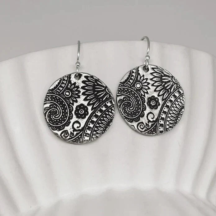 Vintage Rounded Mandala Silvered Earrings