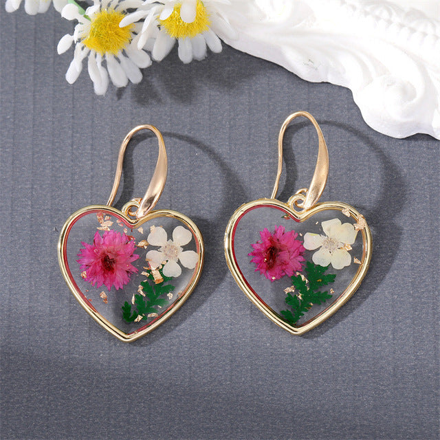 Pink and White Petal Heart Shaped Earrings in Gold
