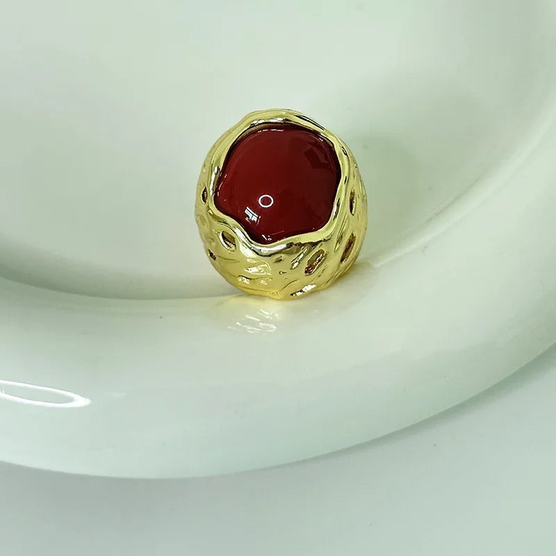 Vintage Textured Gold & Red Stone Adjustable Ring