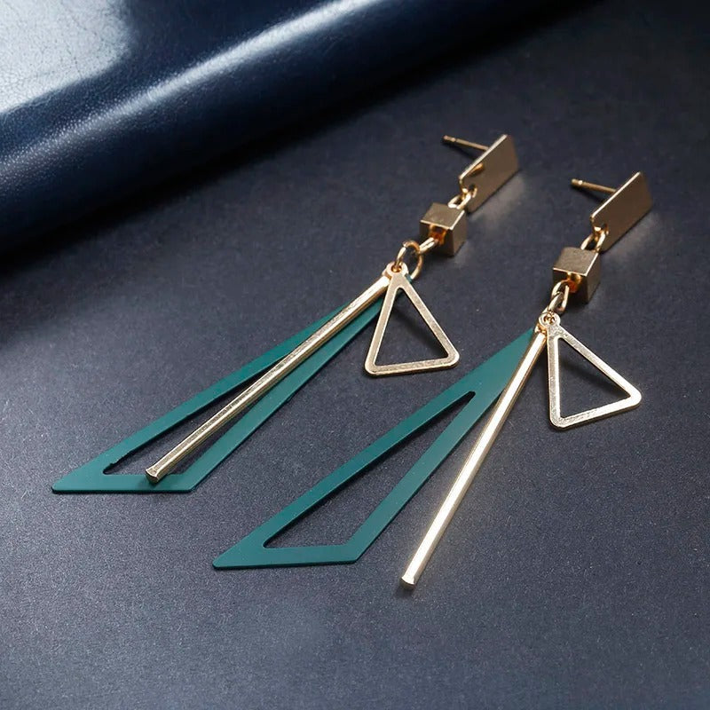 Vintage Gold Green Triangle Bar Drop Earrings