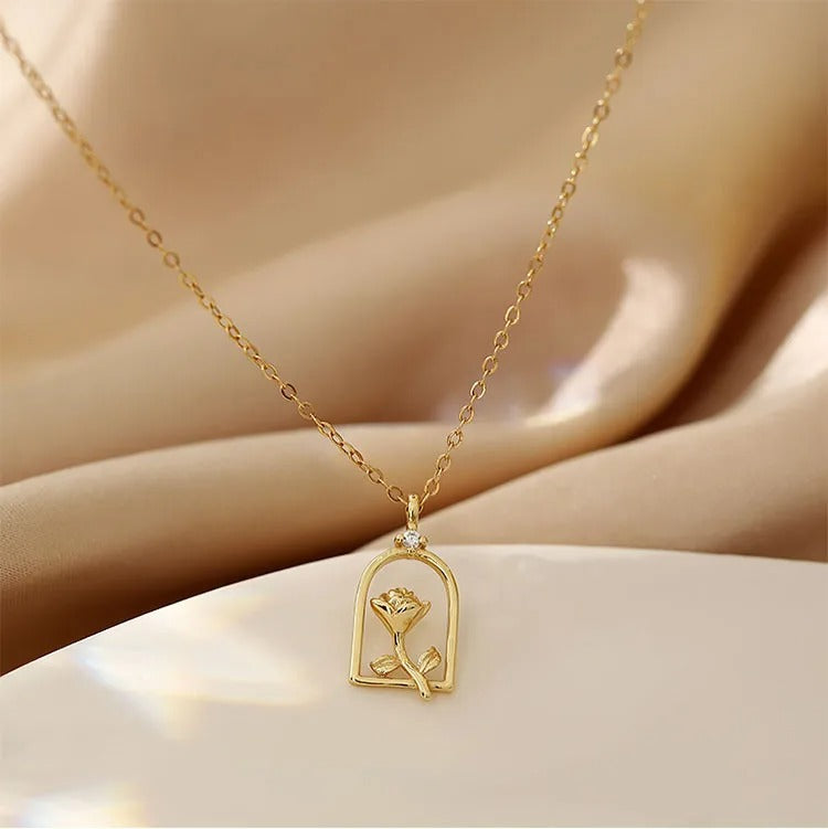 Vintage Gold Arch Frame Rose Pendant Necklace