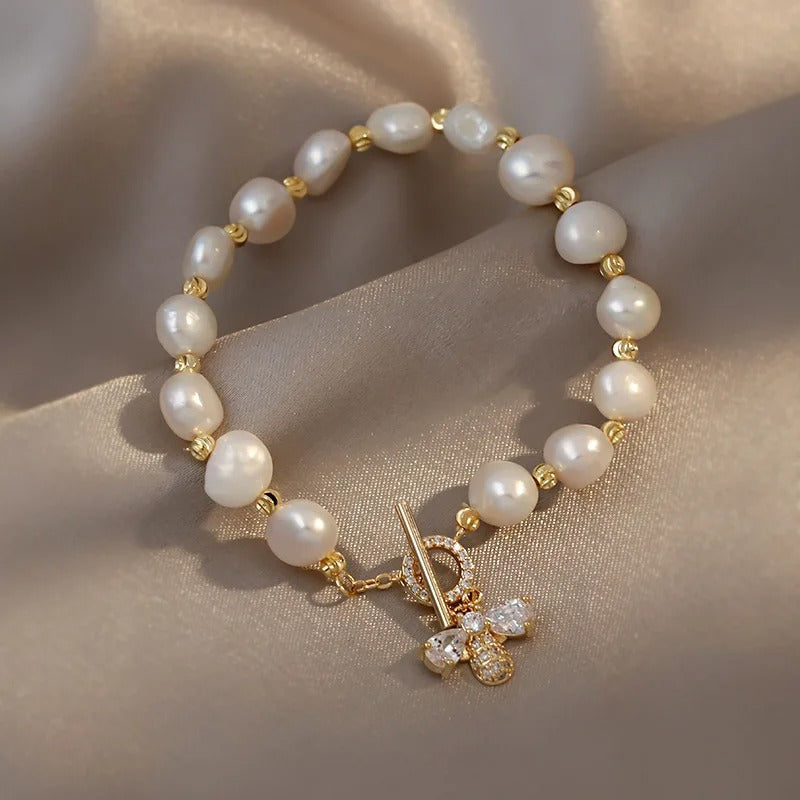 Gold & Pearl Crystal Butterfly Charm Bracelet