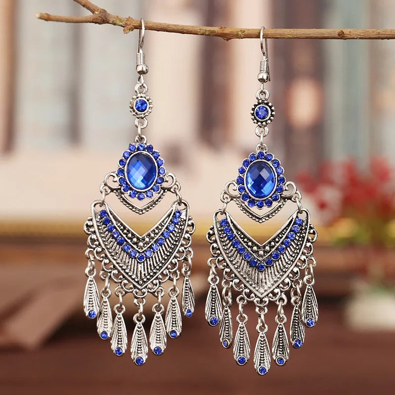 Vintage Silver & Blue Crystal Tassel Earrings