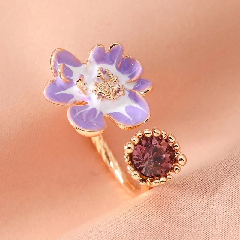 Vintage Purple Flower & Lavender Gemstone Open Ring