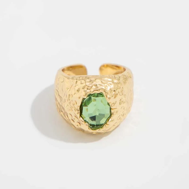 Gold Green Gemstone Textured Adjustable Ring