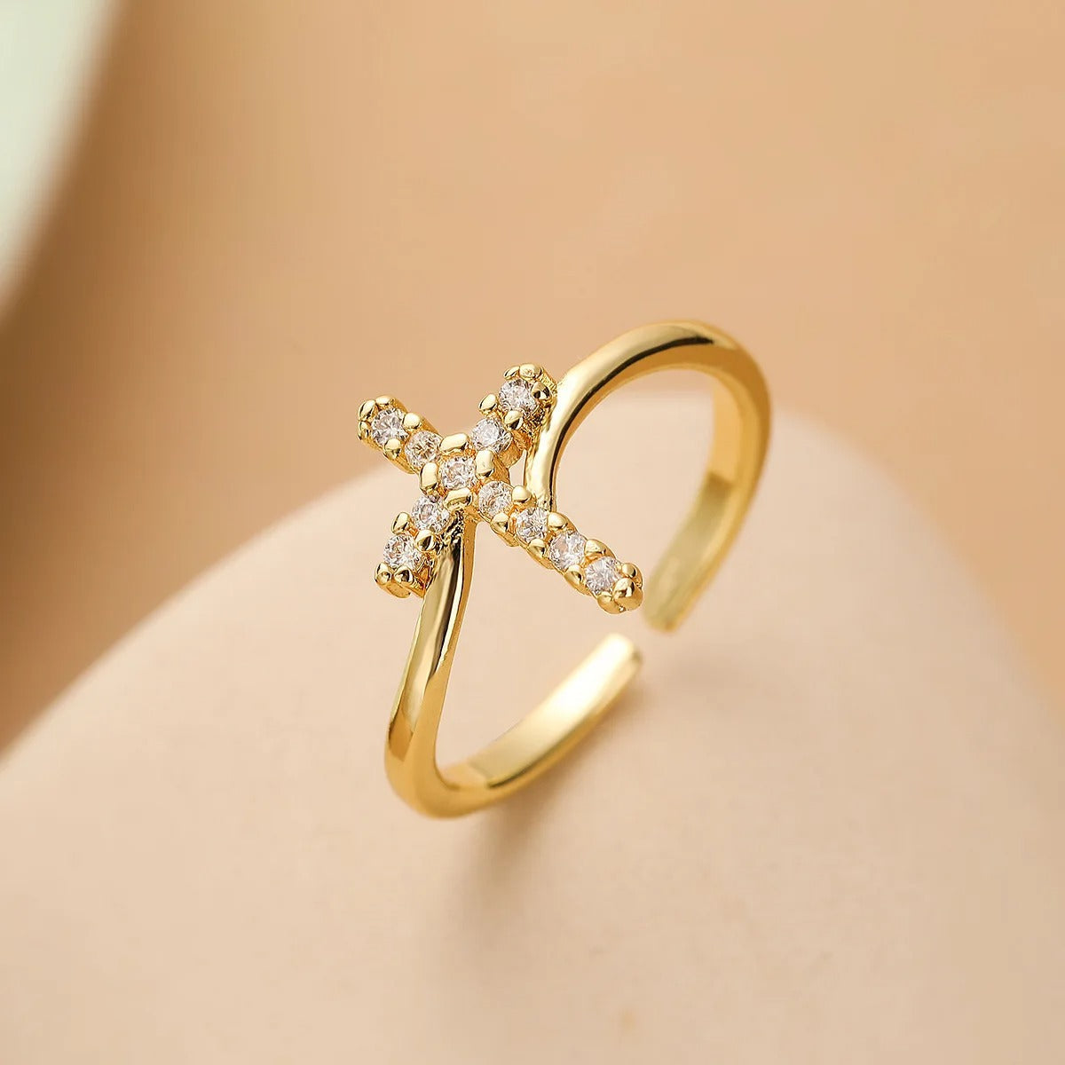 Gold Crystal Cross Resizable Ring