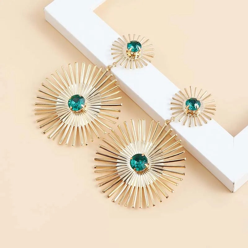 Gold Sunburst Turquoise Long Spikes Earrings
