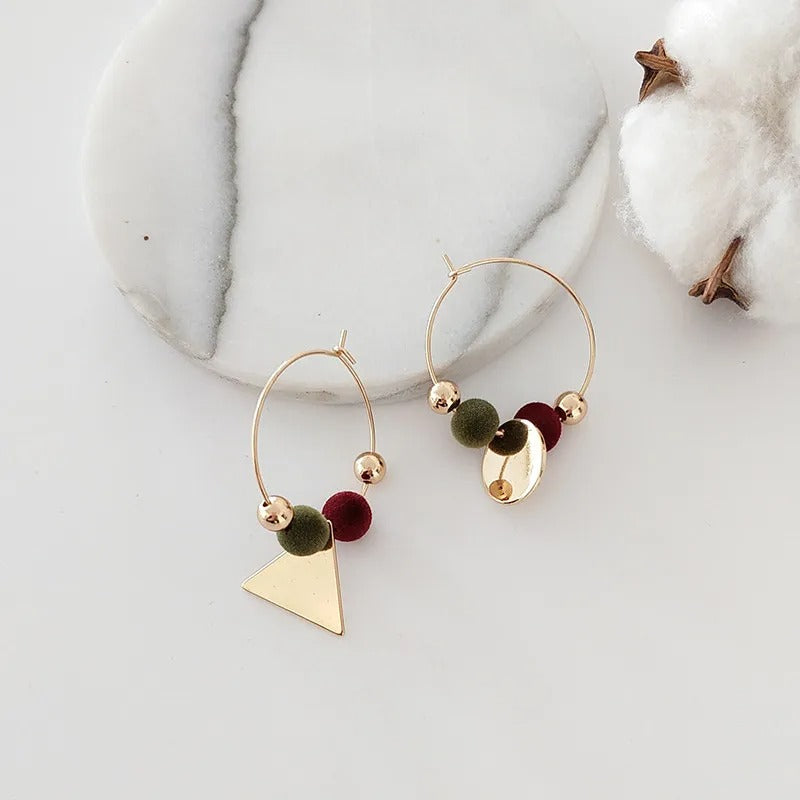 Gold Triangle & Velvet Beads Hoop Earrings