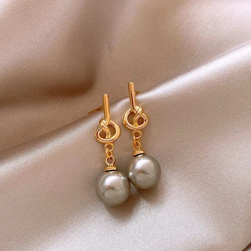 Gold Hoop & Grey Pearl Drop Earrings