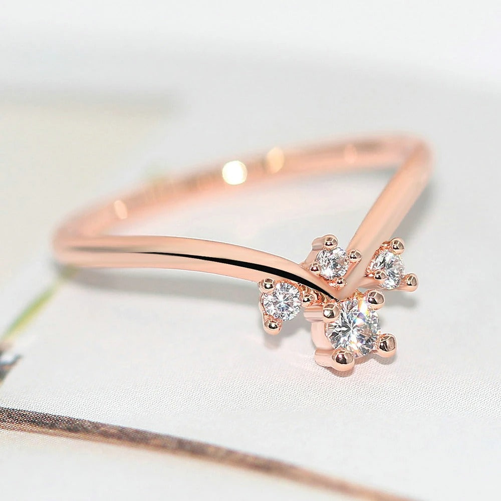 Rose Gold V-Shaped Band & Shimmering Crystal Ring