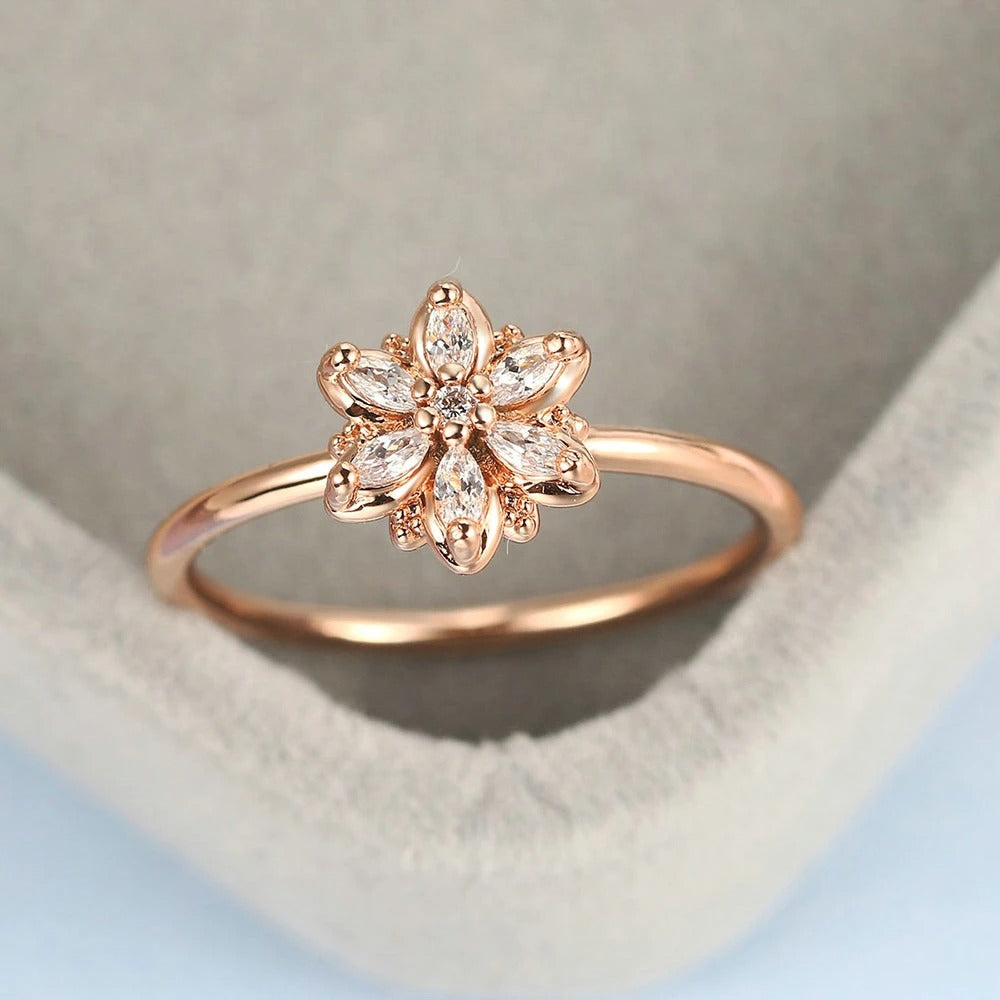 Rose Gold Flower Design & Sparkling Crystal Ring