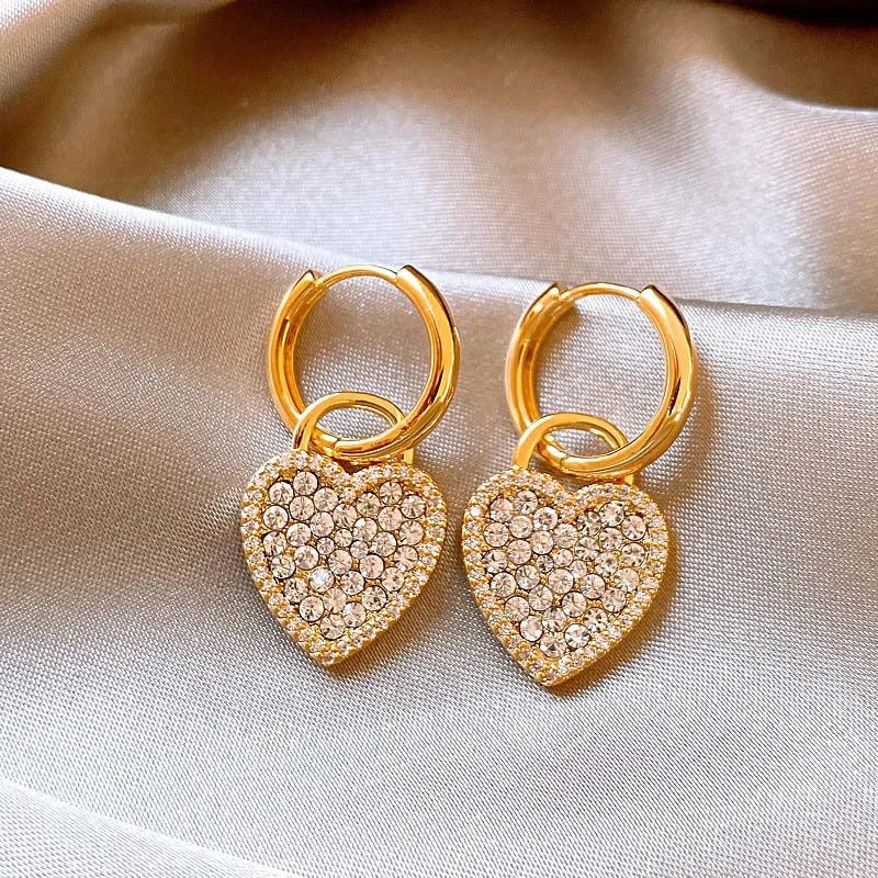 Vintage Gold Crystal-Studded Heart Hoop Earrings