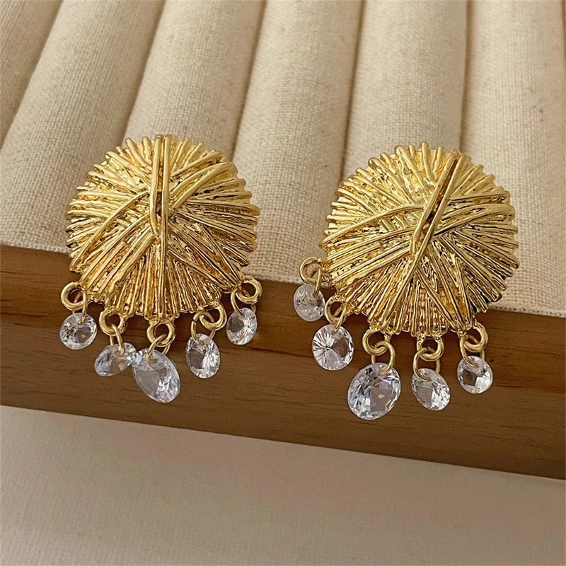 Classic Gold Textured Disc & Crystal Drop Earrings