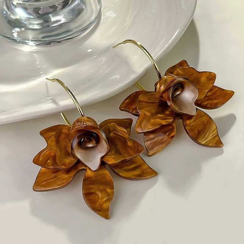 Gold Flower Brown Petals Hoop Earrings