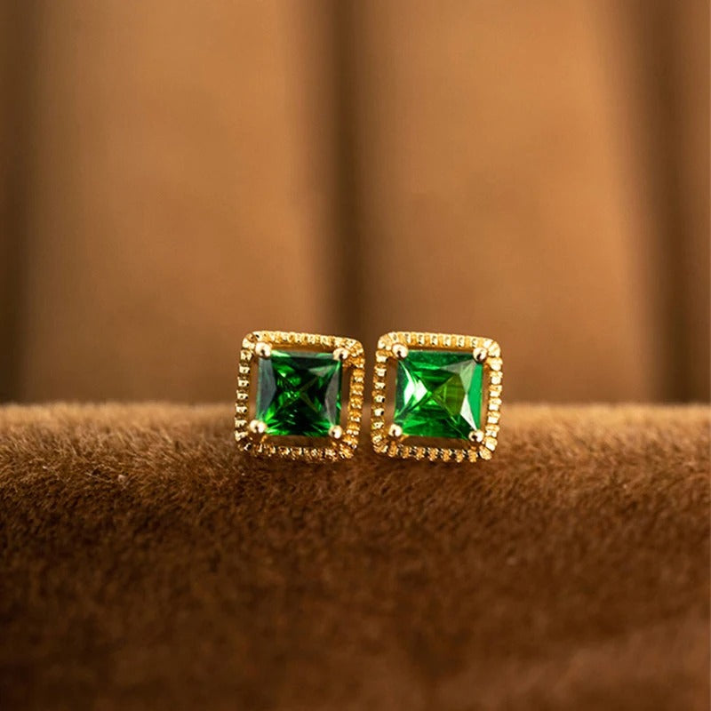 Gold Square Green Gemstone Earrings
