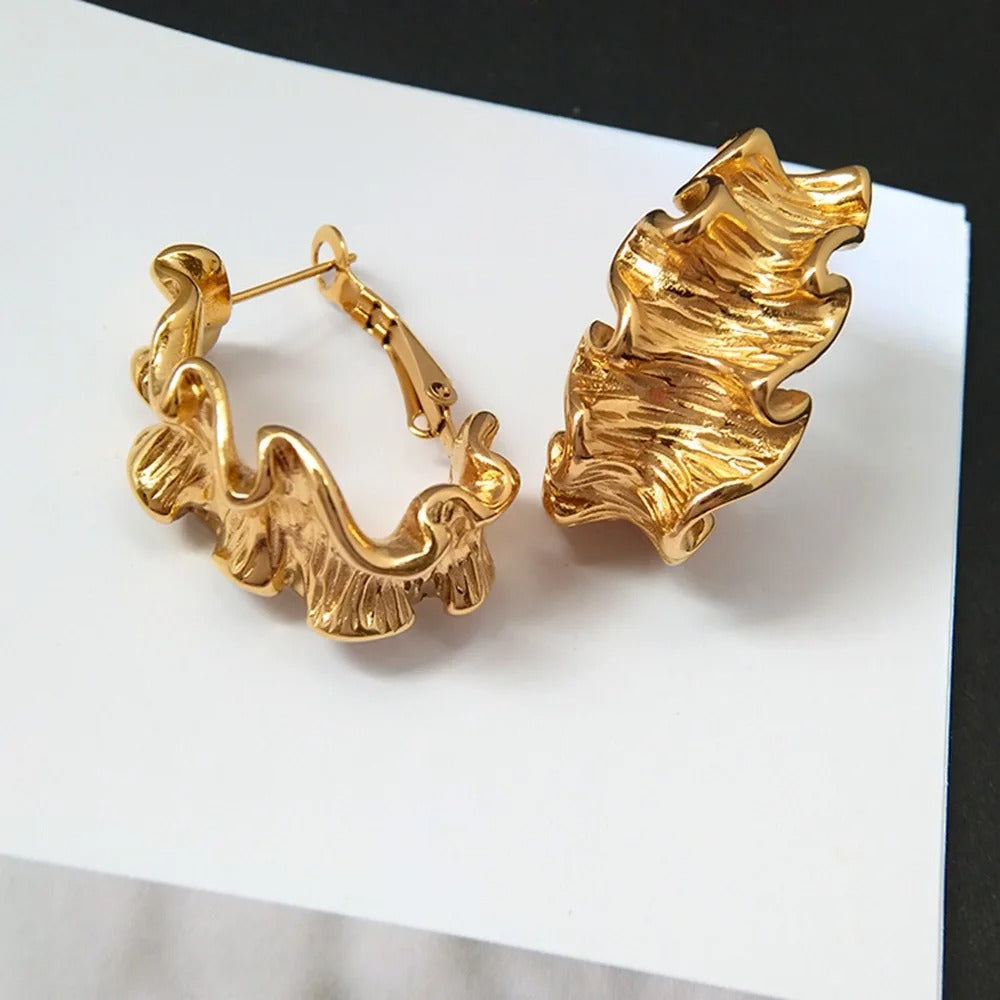 Gold Ruffled Wavy Hoop Earrings