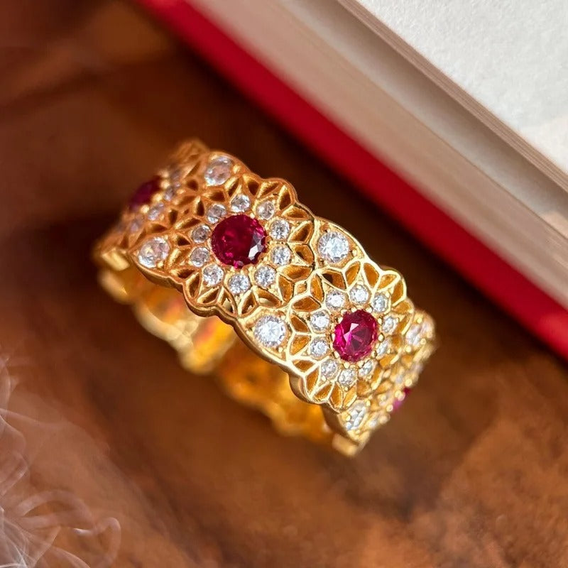 Classic Gold & Micro Inlay Ruby Sunflower Adjustable Ring