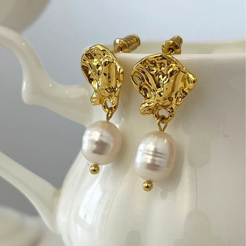 Gold Ear Cuff Pearl Drop Earrings