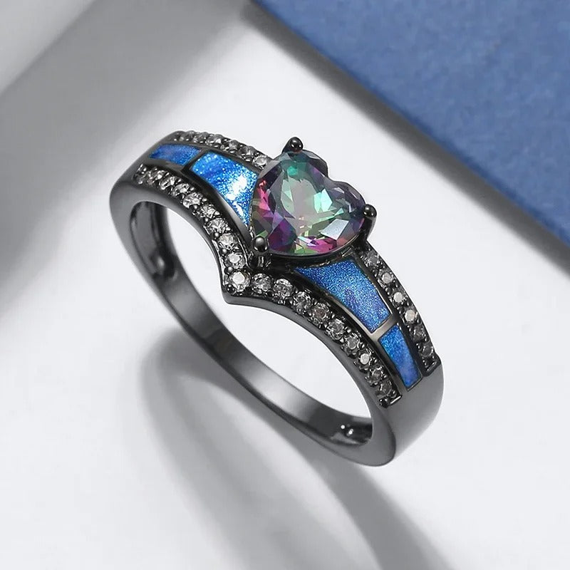 Black Heart-Shaped Gem & Blue Enamel Ring