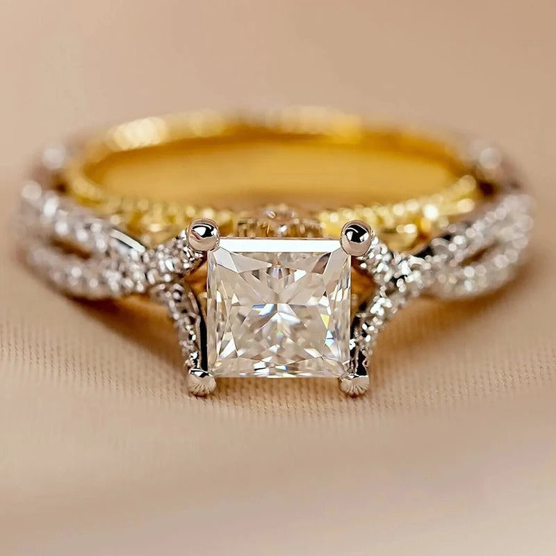 Gold Silver Twisted Princess Cut Ring
