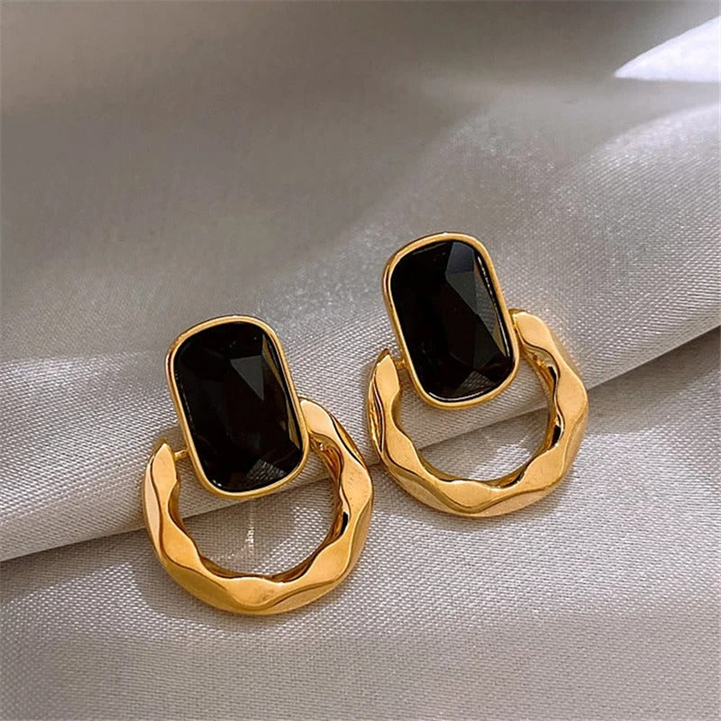Gold & Black Oval Gemstone Hoop Earrings