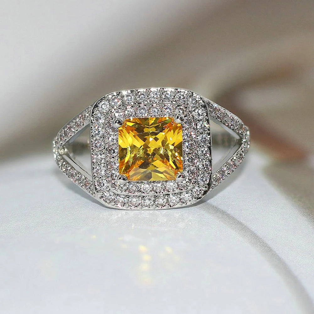 Classic Yellow Gem & Silver Vintage Halo Ring