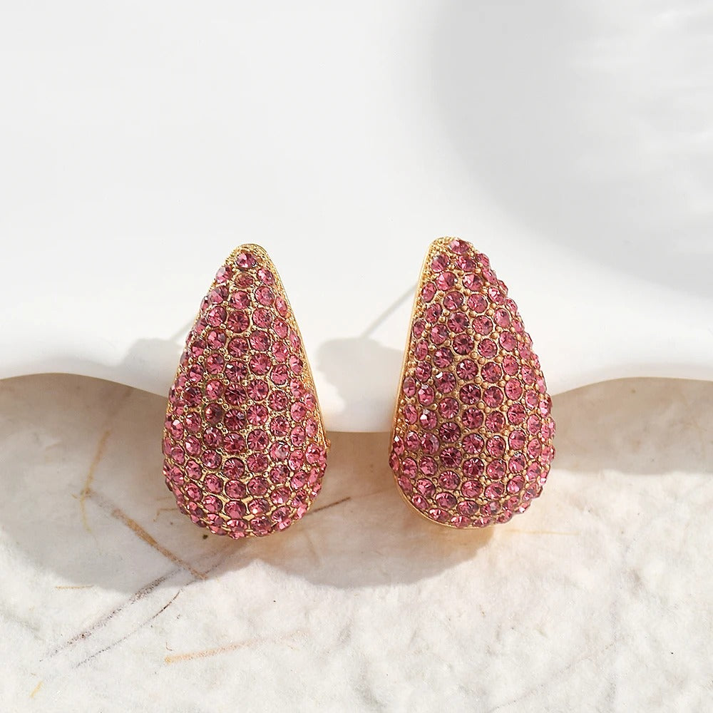 Vintage Pink Crystal Gold Teardrop Earrings