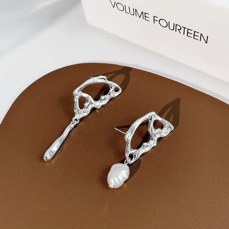 Vintage Silver Abstract Pearl Earrings