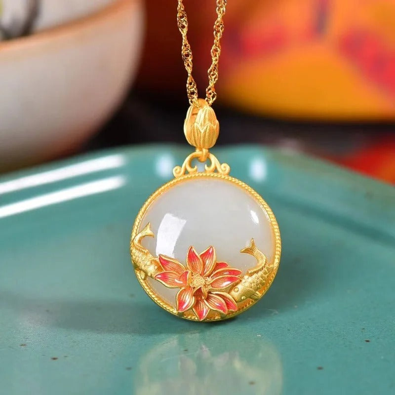 Vintage Gold Lotus & Fish White Gem Pendant Necklace