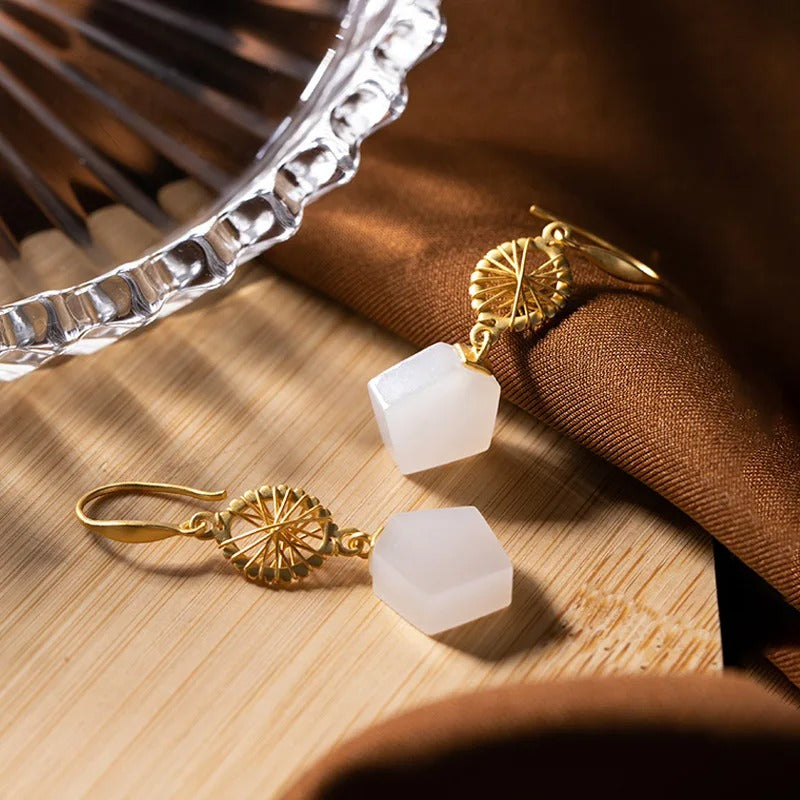 Vintage Gold Geometric White Bead & Sunburst Design Earrings