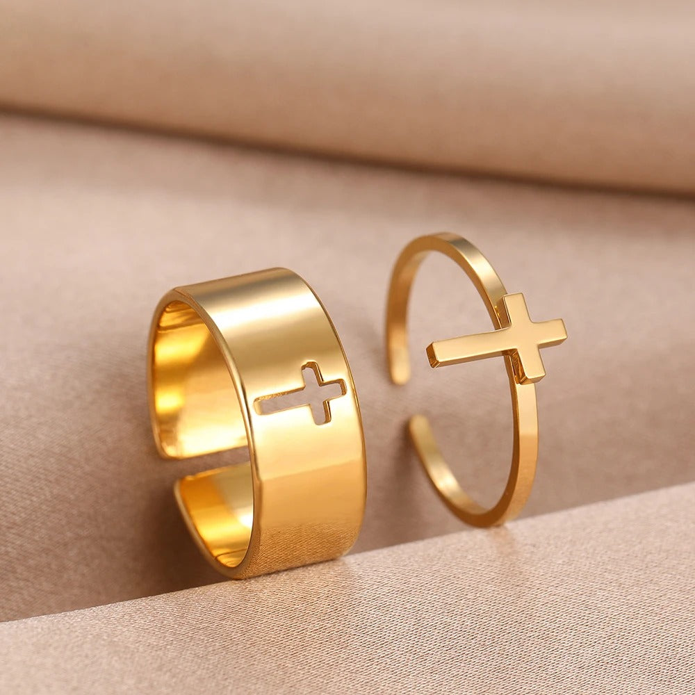 Matching Cross Gold Adjustable Ring Set