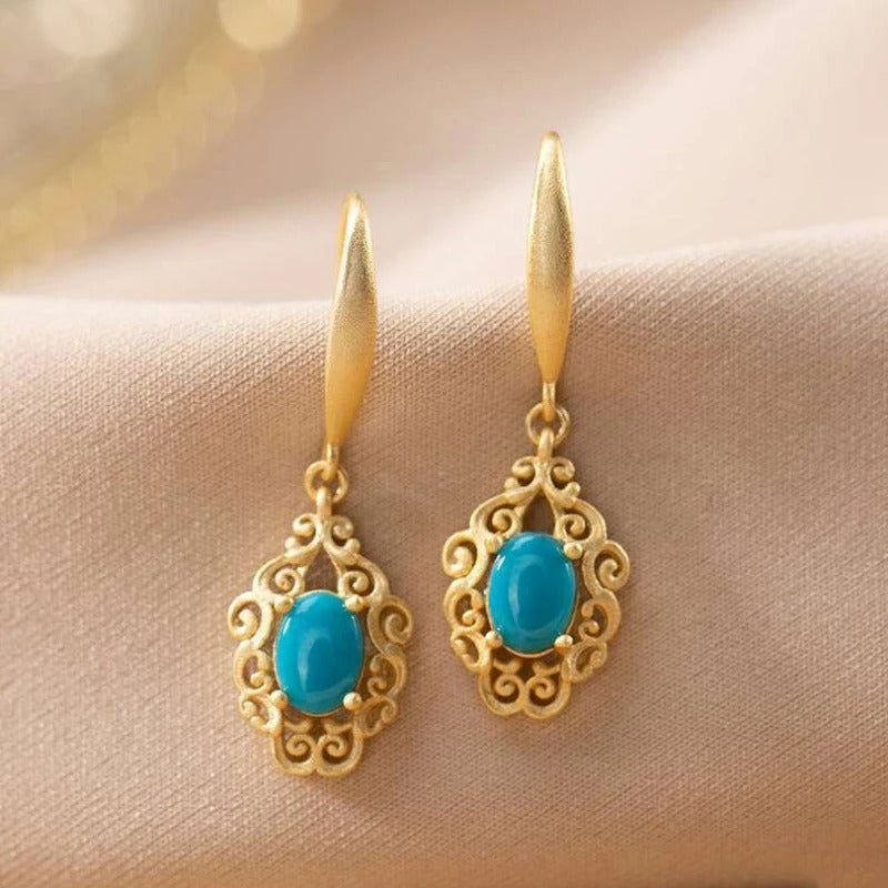 Classic Cut-Out Pattern Exquisite Oval Turquoise Earrings