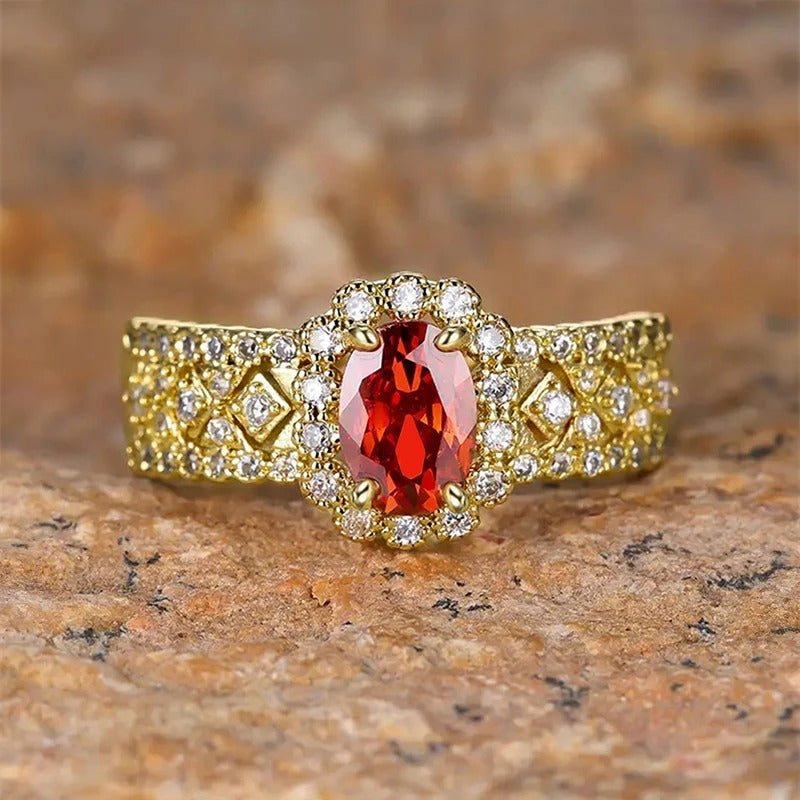 Vintage Gold Oval Red Gemstone Halo Ring