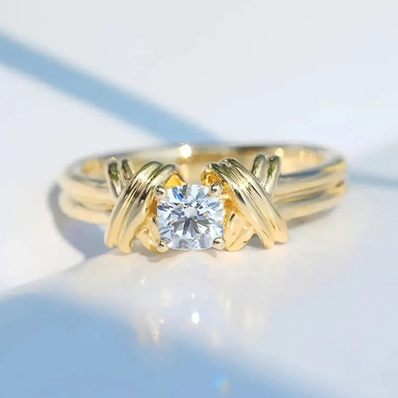 Gold X-Shaped Round Zirconia Ring