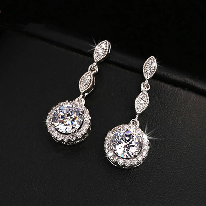 Vintage Silver Sparkling Round Crystal & Leaf Design Earrings