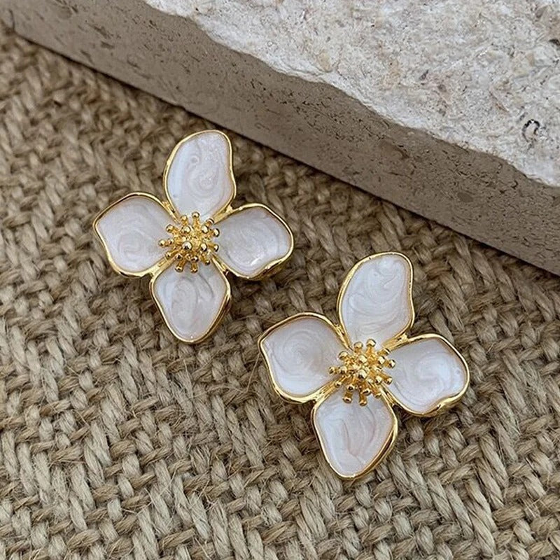 Vintage Gold White Blossom Earrings