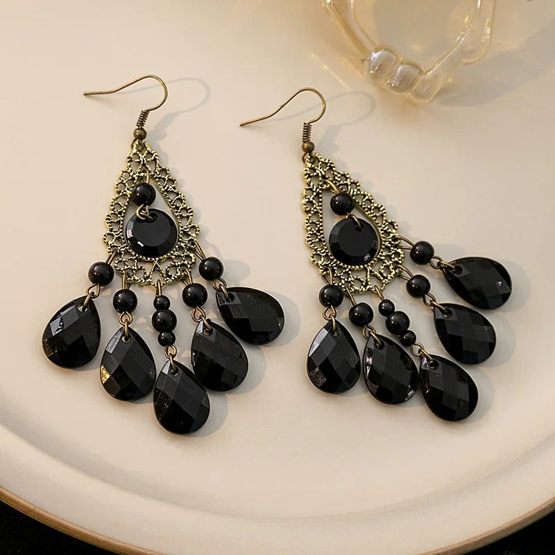 Peacock Feather Shape Black Tassel Dangle Earrings