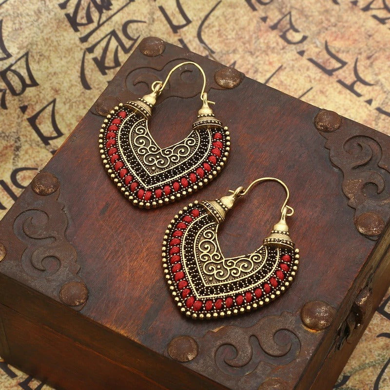 Vintage Gold & Red Tribal Hoop Earrings