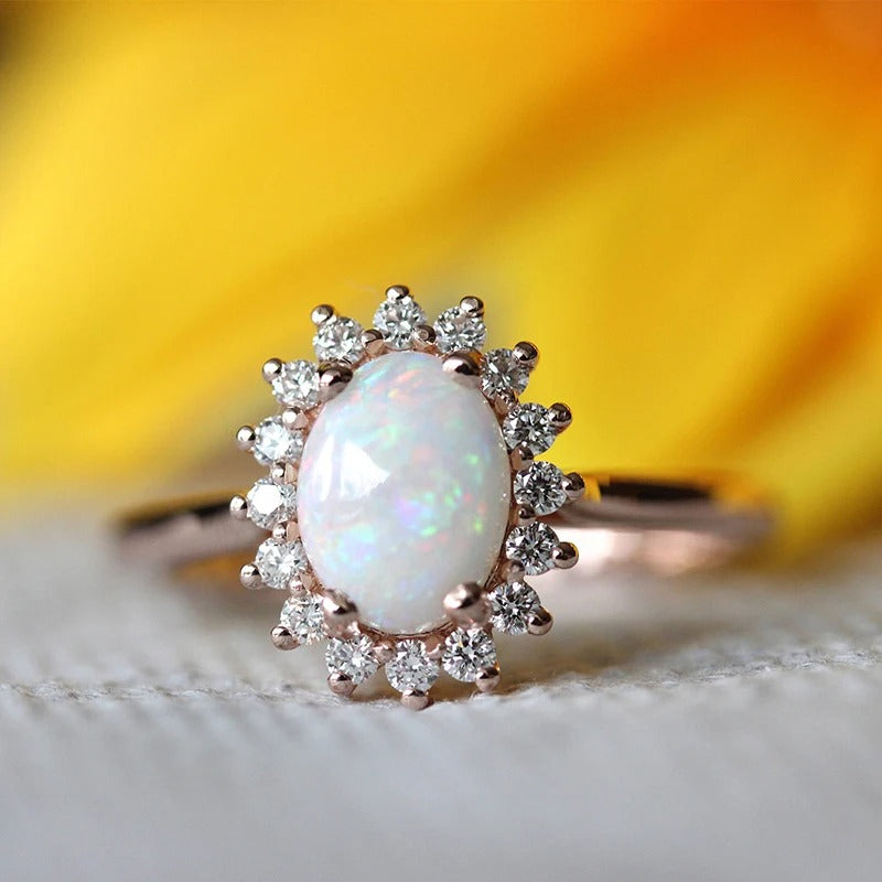 Vintage Rose Gold Oval Opal Gem & Radiant Crystal Border Ring