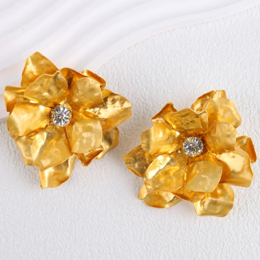 Gold Big Artistic Floral Crystal Earrings