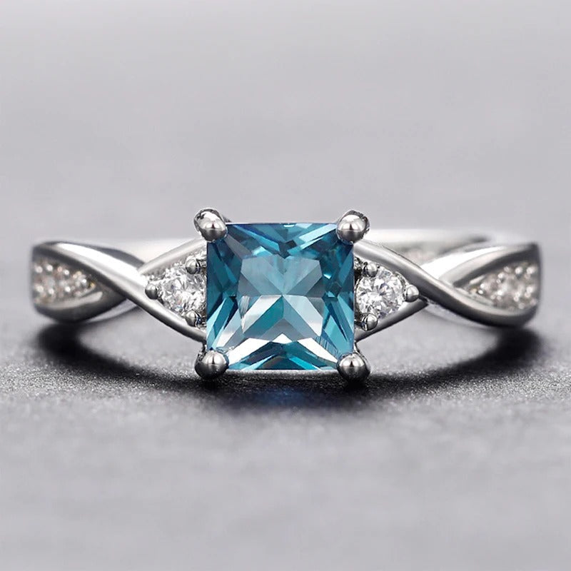 Vintage Blue Princess Cut Silver Ring