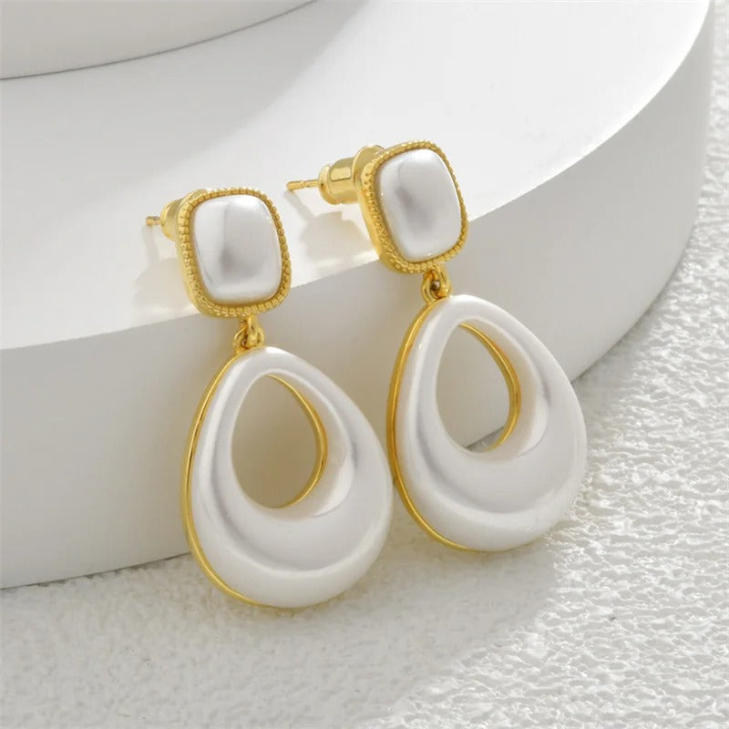 Vintage Gold & White Teardrop Square Stud Earrings