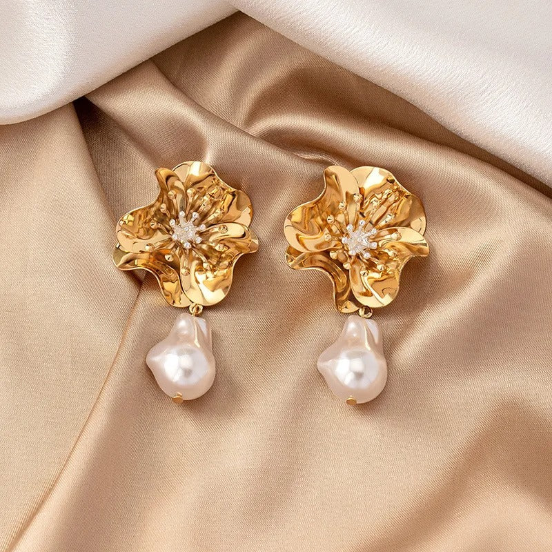 Gold Flower Pearl Drop & Crystal Earrings