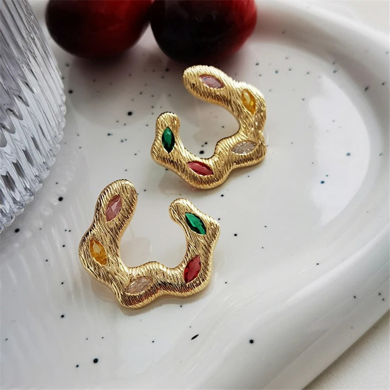 Gold Wavy Multi-Color Gemstones Earrings