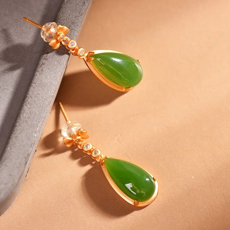 Classic Gold & Green Gemstone Inlaid Bow Crystal Dangle Earrings