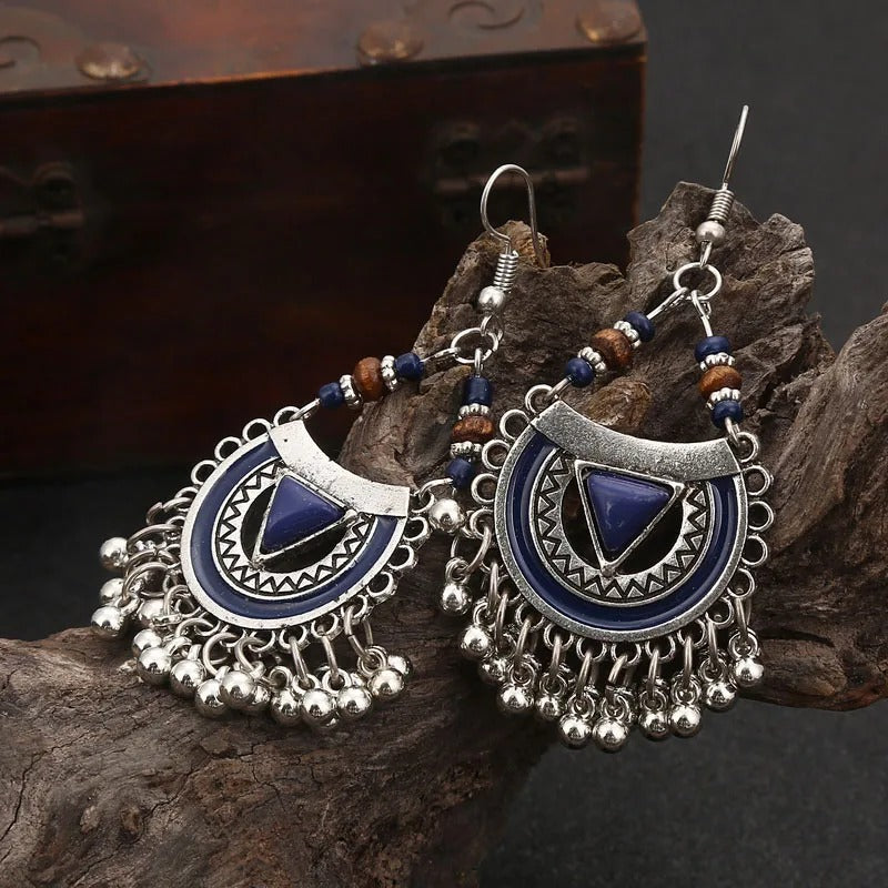 Vintage Blue Tribal Silver Tassel Earrings