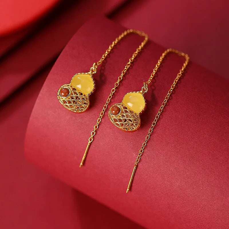Vintage Gold & Yellow Teardrop Gourd Fringed Earrings