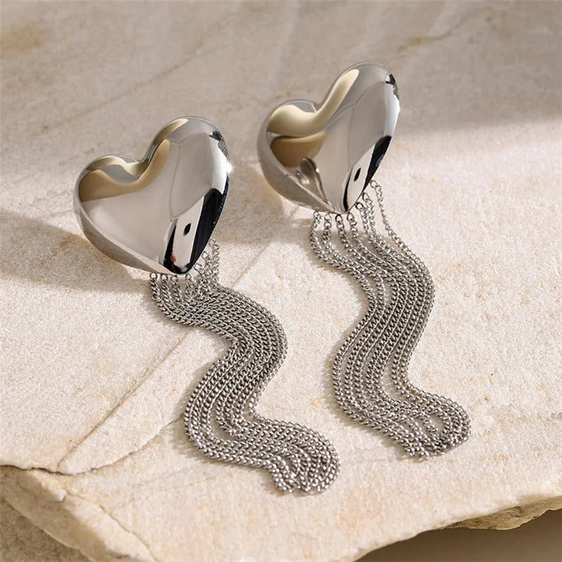 Classic Silver Heart Tassel Chain Design Earrings