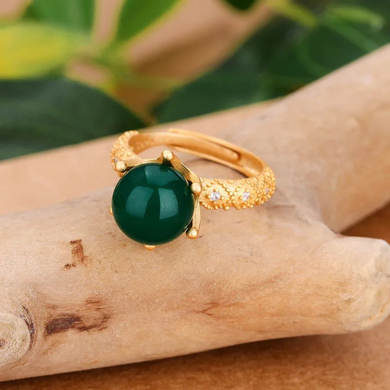 Vintage Gold Natural Green Bead Crown Adjustable Ring